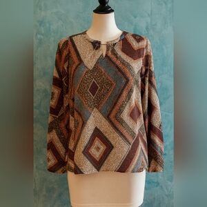 AGB Women's Boho Top with Geometric Design - Brown, Blue, Cream Size Medium